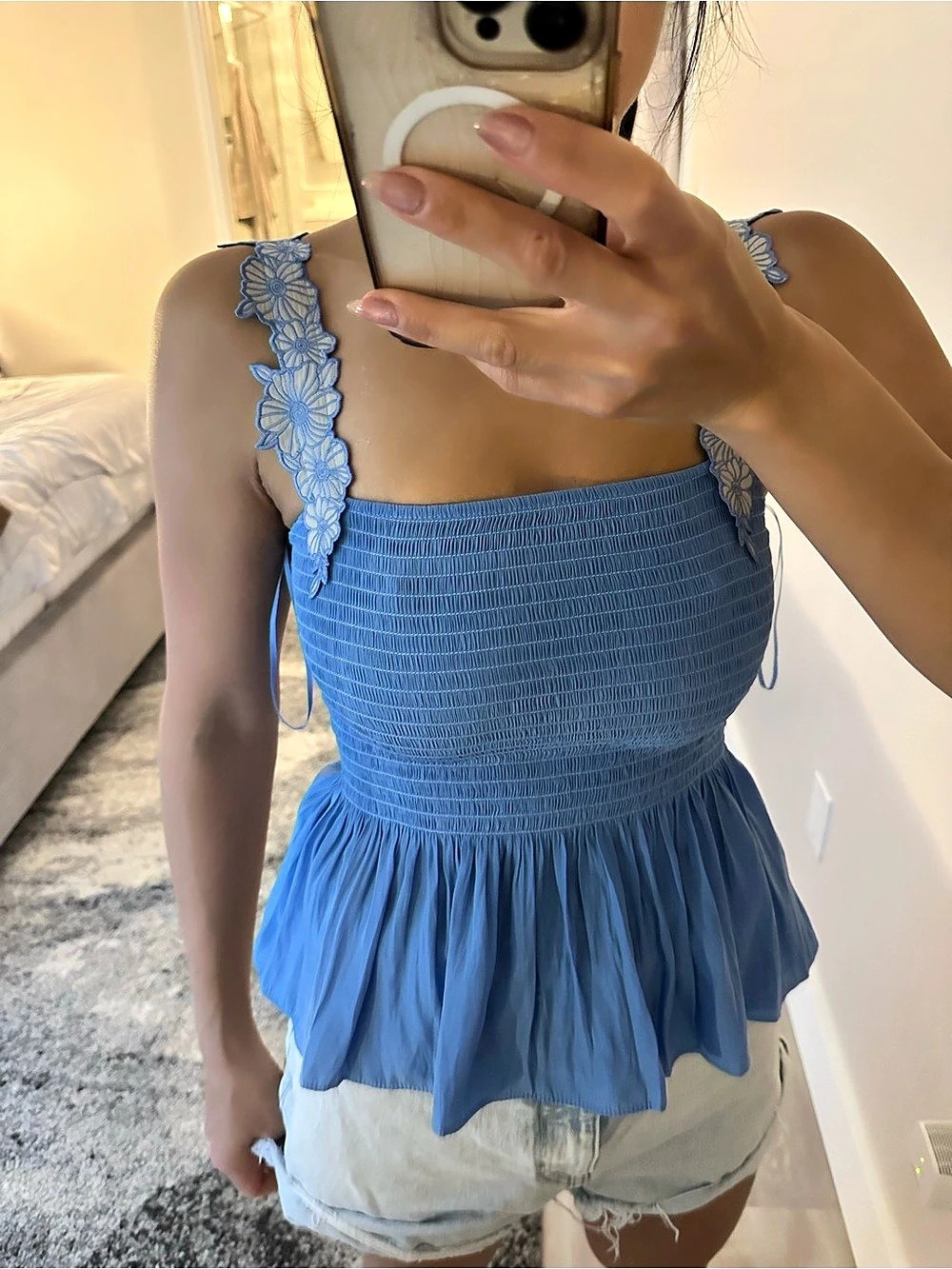 Ramy Brook Giulia Floral Strap Smocked Top Blue XS
